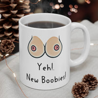 Yeh! New Boobies! - Funny & Rude Gift Mug, Cosmetic Breast Surgery Present. Handmade in England