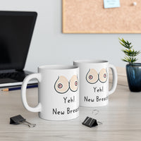 Yeh! New Breasts! - Funny & Rude Gift Mug, Cosmetic Breast Surgery Present. Handmade in England