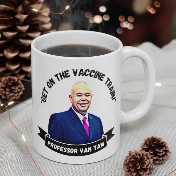 Professor Jonathan Van Tam Appreciation Society, JVT Fan Gift Mug. "Get On The Vaccine Train!" Handmade in England