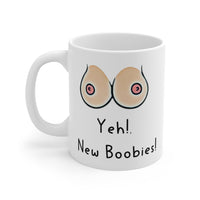 Yeh! New Boobies! - Funny & Rude Gift Mug, Cosmetic Breast Surgery Present. Handmade in England