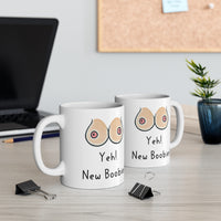 Yeh! New Boobies! - Funny & Rude Gift Mug, Cosmetic Breast Surgery Present. Handmade in England