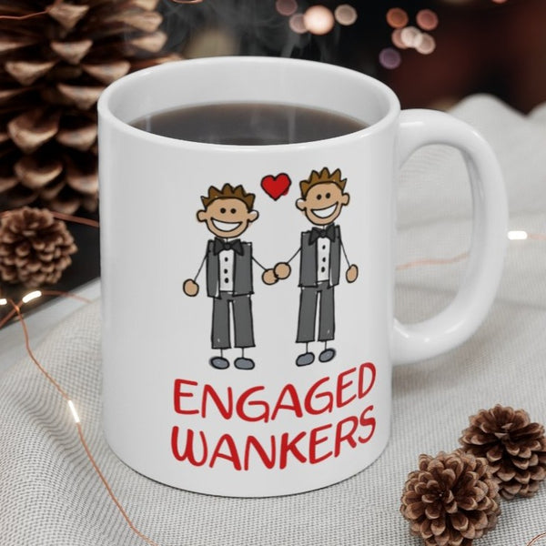 Engaged Wankers Gift Mug - Funny & Rude Humour Present For Gay Couples Engagement.Handmade in England